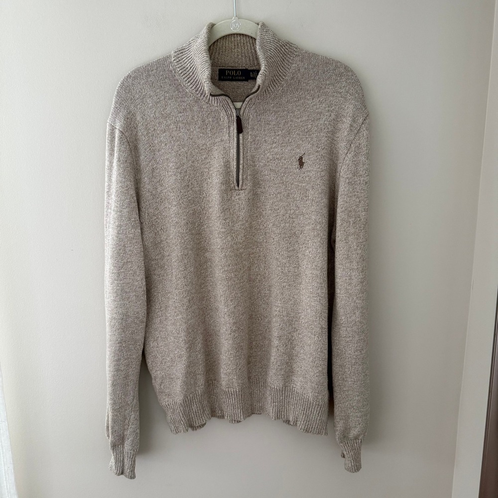 Polo‎ Ralph Lauren Mens XL Quarter Zip Pullover Sweater Tan Oatmeal Heather Pony